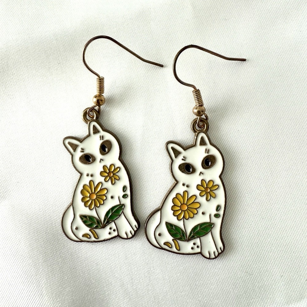 White Cat Enamel Dangle Earrings Floral Whimsical Artsy